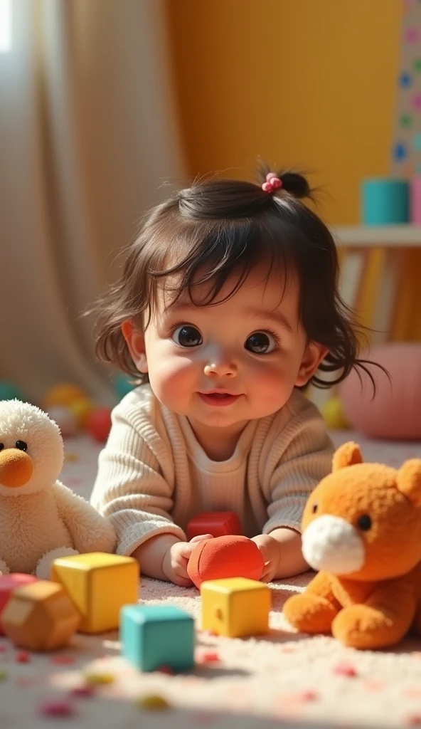 Create a UHD photorealistic image of a 22-month-old girl named Thaïs, playing with charming toys in a colorful, inviting room. Captured with a 24mm f/2.8 lens to capture her natural charm and the vibrant surroundings. Ensure exactly five fingers, no 3D style image, no animation style, no Pixar style animation.





