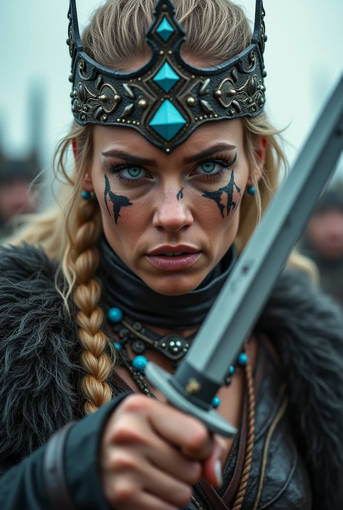 Close rosto Woman viking linda,40 years old, medium knife in hand , Woman, blue eye with lightning, large crown on head , tribal tattoo on face, Angry, blue stone neck necklace, battle outfit, knife close to the face