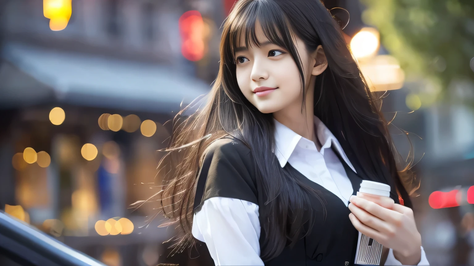 Highest quality,4K,8k,High resolution,masterpiece:1.2,Very detailed,A girl exuding fatigue,long, flowing black hair,Delicate features,Thinking eyes,White skin,Happy expression,Great atmosphere,Wearing a uniform、Gazing into the distance,,Romantic atmosphere、Roppongi Nightlife、Above-the-waist display、Ample breasts、Real Beauty、