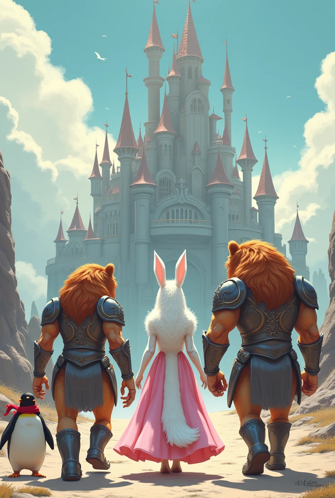 Create illustration of a white fluffy tall female animal bunny in a gown in soft shades of pink and blue from the back. She is walking to her castle. with 2 lion guards. 2 humanoid lion guards should be tall in armor and muscular. In the background a huge castle is standing tall with intricate architectural details. There should be a penguin wearing a red scarf following them secretly. The illustration should be from the back. Fairytale atmosphere. Vector illustration.
