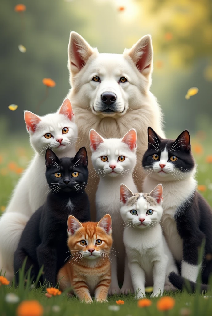 five cats together and one dog. Dog big white german spitat. firat cat is all white with little light brown-greyish spot above his left eye.Second cat is all black but he is angel with wings. Third cat is like leopard but she is white-grey coloured. Fourth cat one is dark brown. Fifth cat is black/white.
5 cats and one dog