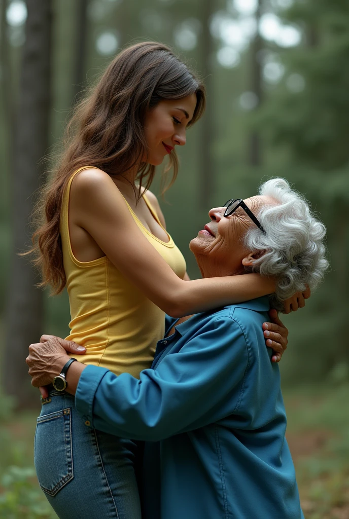 Create a photo of a 30 year old young woman, with a slender and beautiful body, wearing a yellow low-cut tank top and jeans, with white and clear skin, with long light brown hair and her back is to the camera as she is lifted high in the air by her arms by an obese black 90 year old lady, dark black skinned, who has short hair, who wears glasses and a blue dress