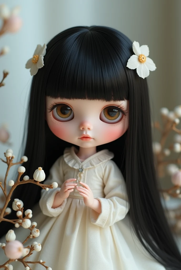 a blythe doll with hazel eyes, pale skin, black straight hair with curtain bangs