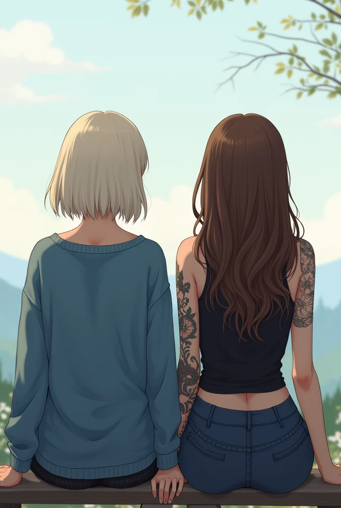 Une illustration de deux filles qui boivent un café assises sur un banc qui regardent l'horizon le paysage en face d'elles. We only see them from behind, we don't see their faces, we only see their backs. They are far from each other. They are far from each other. The first girl has platinum blonde hair with a very straight shoulder length bob and a blue sweater.. The second girl has very long brown hair down to her back and wavy and a black tank top. She has her entire right arm tattooed.