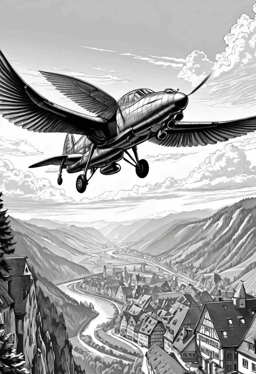Pegasus flies over Germany, sharp edges, masterpiece, drawn with pencil, Vector image, front view