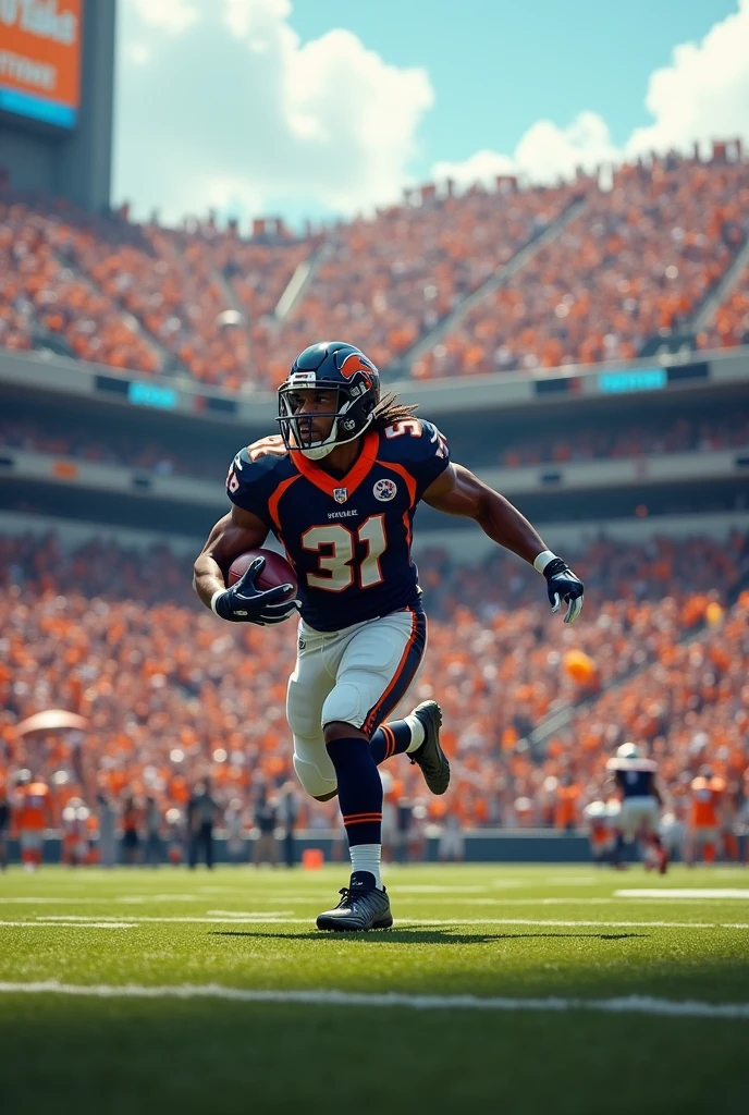 make a football player in a stadium full of people cheering in orange and navy blue shirts