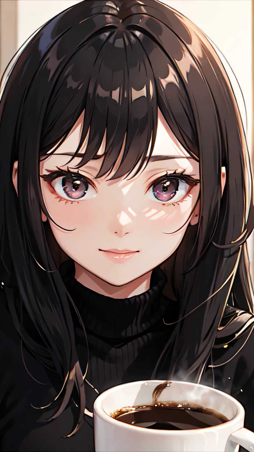((Highest quality)), ((masterpiece)), (detailed), One girl, Almond Eye,early morning,Close up of face,Fighting sleepiness every day, This cup will save me,Greeting a new day with a smile, The energy that coffee gives