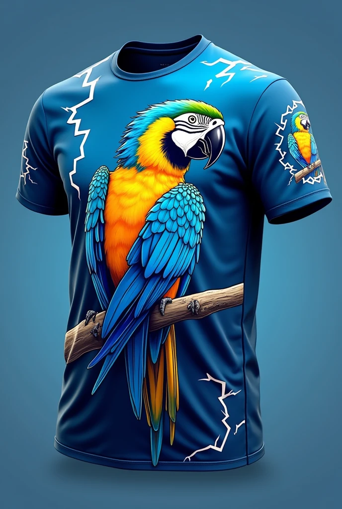 You are a designer. Create a t-shirt that has blue as its color palette, yellow and white, On the chest of the shirt you will use the image of a macaw but it should not cover the entire chest.. You will use lightning bolt designs on the sleeves and on the sides as well. On the back of the shirt you will make 2 spaces where the names and shirt number will enter.