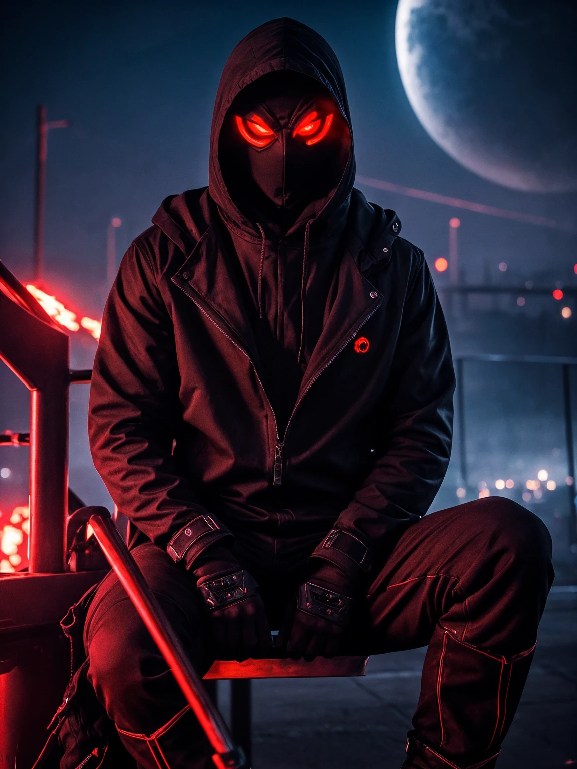 A shadowy character wearing a dark hooded jacket and a face covered by a glowing mask with a terrifying pattern of red eyes and a sinister smile in the form of glowing white stitching.. He is sitting in a relaxed manner in front of a metal fence, with a carefree but intimidating posture. The background is dark with a blue night sky, and the lighting dramatically highlights the shine of his eyes and mouth, while little red sparks float in the air, adding a tense and urban atmosphere. The style is dark and aggressive, with a cyberpunk and vigilante aesthetic, conveying a sense of latent danger.