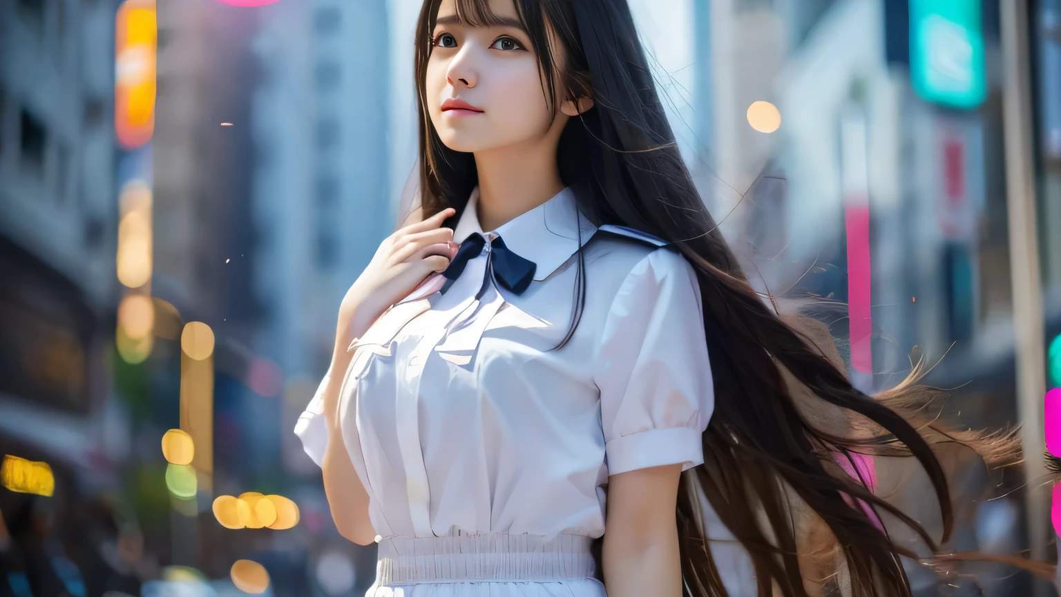 Highest quality,4K,8k,High resolution,masterpiece:1.2,Very detailed,A girl exuding fatigue,long, flowing black hair,Delicate features,Thinking eyes,White skin,Happy expression,Great atmosphere,Wearing a uniform、Gazing into the distance,,Romantic atmosphere、Roppongi Nightlife、Above-the-waist display、Ample breasts、Real Beauty、