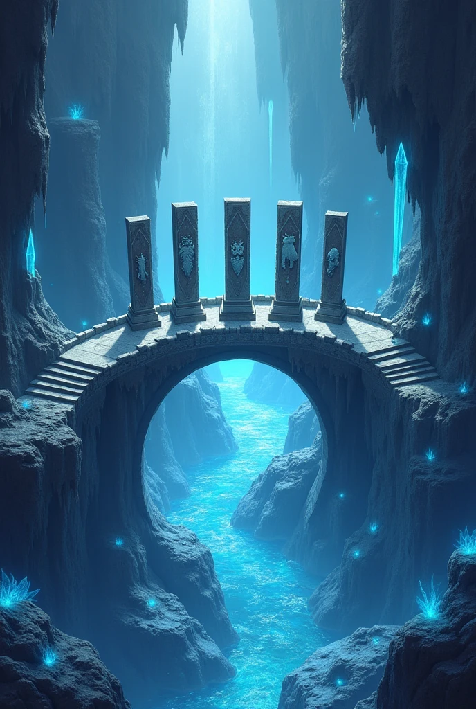 Create a medieval RPG map seen from the sky, like your fat and etc. The map is based on a large bridge in a cold and icy cave, with crystals and the like around, there is a big hole around the bridge. When the bridge is finished (connects with the other side) there is a flat area where there are 5 pillars where each pillar carries a type of animal as its main image, being respectively: serpent, Lion, raccoon, Dolphin and owl. over the bridge, it might be a little broken, some steps just floating with an unknown, colorless magic, just float as if they were alive. Remember the crystals that resonate throughout the environment. The hole is so big that its end cannot be seen and after the bridge, the full area must be large, carrying the five pillars one next to the other with just one IMAGE of the animals mentioned above, not the animals themselves, but only these carvings on each pillar. Each pillar must be different, since they are different animals. The first pillar must bear the image of a snake, o segundo deve portar a imagem de um Lion, o terceiro porta a imagem de um raccoon, the fourth bears the image of a dolphin and the fifth bears the image of an owl. About Pilates itself, imagine they are bookends, Pilates made of stone with blue details of precious crystals. The bridge should be long and curved to the left, making it as if it were an arrow and the pillars must STAY **After** The bridge. **five** SMALL BOOKENDS MADE OF STONE NEXT TO EACH OTHER 