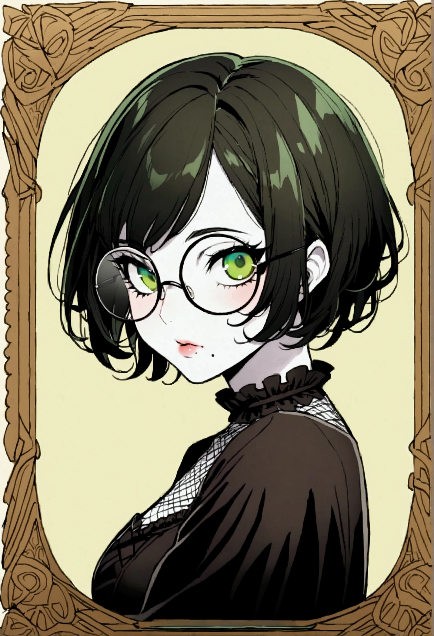 1 anime woman, mature, black short hair, chartreuse green eyes, pale skin, round glasses with thin frame, vintage gothic clothing, a small mole on the upper corner of the right side of the mouth