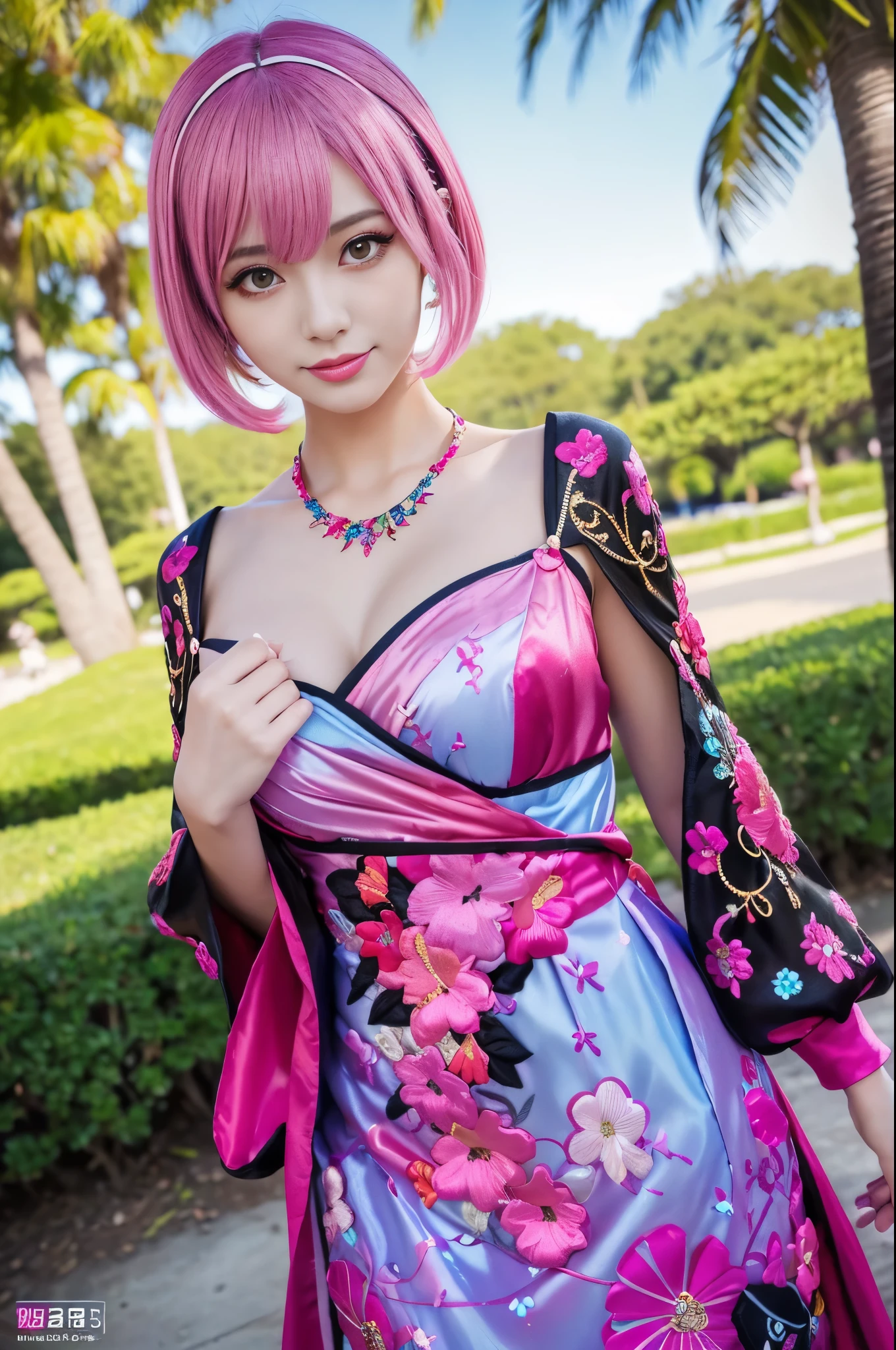 (masterpiece:1.4), (best quality:1.4), ultra high res, ultra high resolution, ((detailed facial features)), HDR, (realistic, photorealistic, photo-realistic:1.37), full body Esbian, sexy swedish model, (-anime), only 1 model, vivid colors, ((vivid colors multicolor (fuchsia, pink, light blue, purple) very short hair)), (seductive smile), lip-gloss, long lashes, defined eyebrows, wearing large sparkling colorful jewelery, wearing a red silk Paradise Kiss cosplay dress with black floral embroidery, ((vivid colors outfit)), vivid colors, look at the camera, cinematic light, large park background with trees, sweet and sexy pose