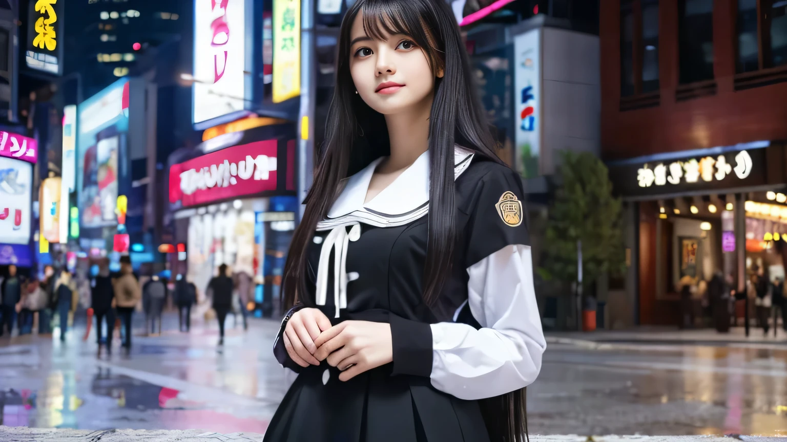 Highest quality,4K,8k,High resolution,masterpiece:1.2,Very detailed,A girl exuding fatigue,long, flowing black hair,Delicate features,Thinking eyes,White skin,Happy expression,Great atmosphere,Wearing a uniform、Gazing into the distance,,Romantic atmosphere、Roppongi Nightlife、Above-the-waist display、Ample breasts、Real Beauty、