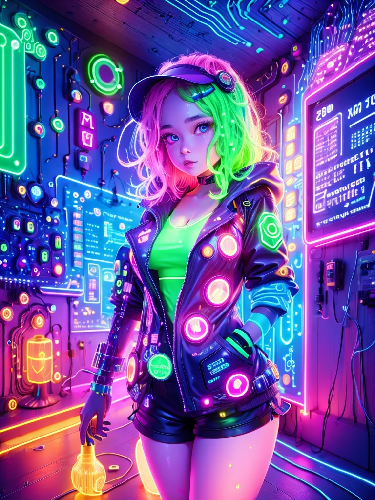 (Neon lamp),Circuit Board,colorful nipples,luminescent colors,lamp,girl,Looking at the camera,slime girl,Flowy vest shorts,Towards the wall,Big round eyes,charming,(ultra HD, masterpiece, precise, Anatomically correct, textured skin, High Detail, high quality, The award-winning, 8k)
