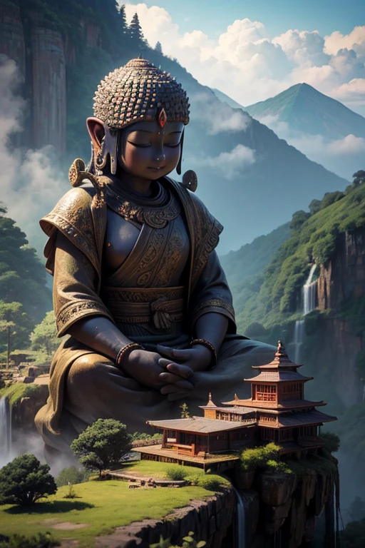 Zoomed out shot of a huge old Buddha statue towering over a mountain wall, Between the Waterfalls, Surrounded by clouds, Landscape of the landscape, sunlight reflected, Crane Flight, Cinema Lighting