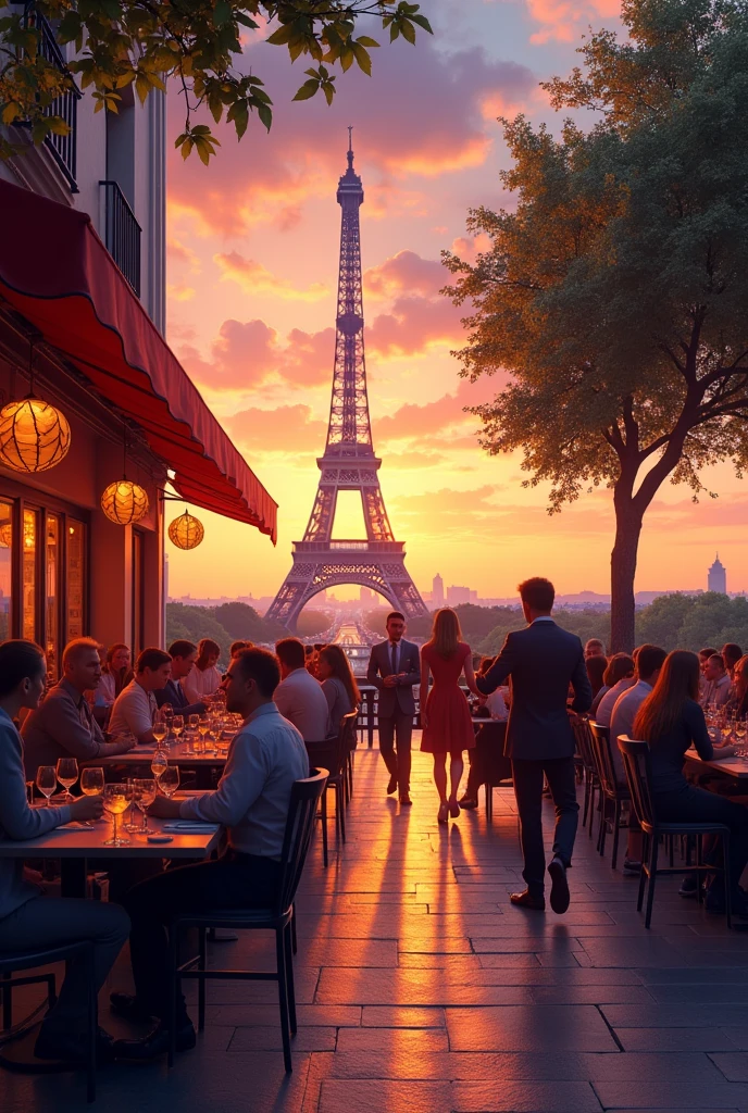 A coffee in Paris at sunset, with tables and chairs on the sidewalk, People chatting and laughing, Waiters serving wine and a view of the Eiffel Tower in the background under an orange and pink sky