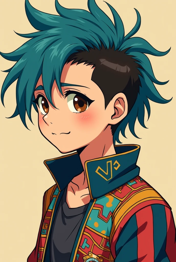 Please create a cute anime boy as my Twitch profile picture. Mit Undercut, where the main hair is petrol and the cut (side hair) Dark brown, he is wearing a retro jacket from the 80s, he has brown eyes. Create a high quality image that costs 6 points.