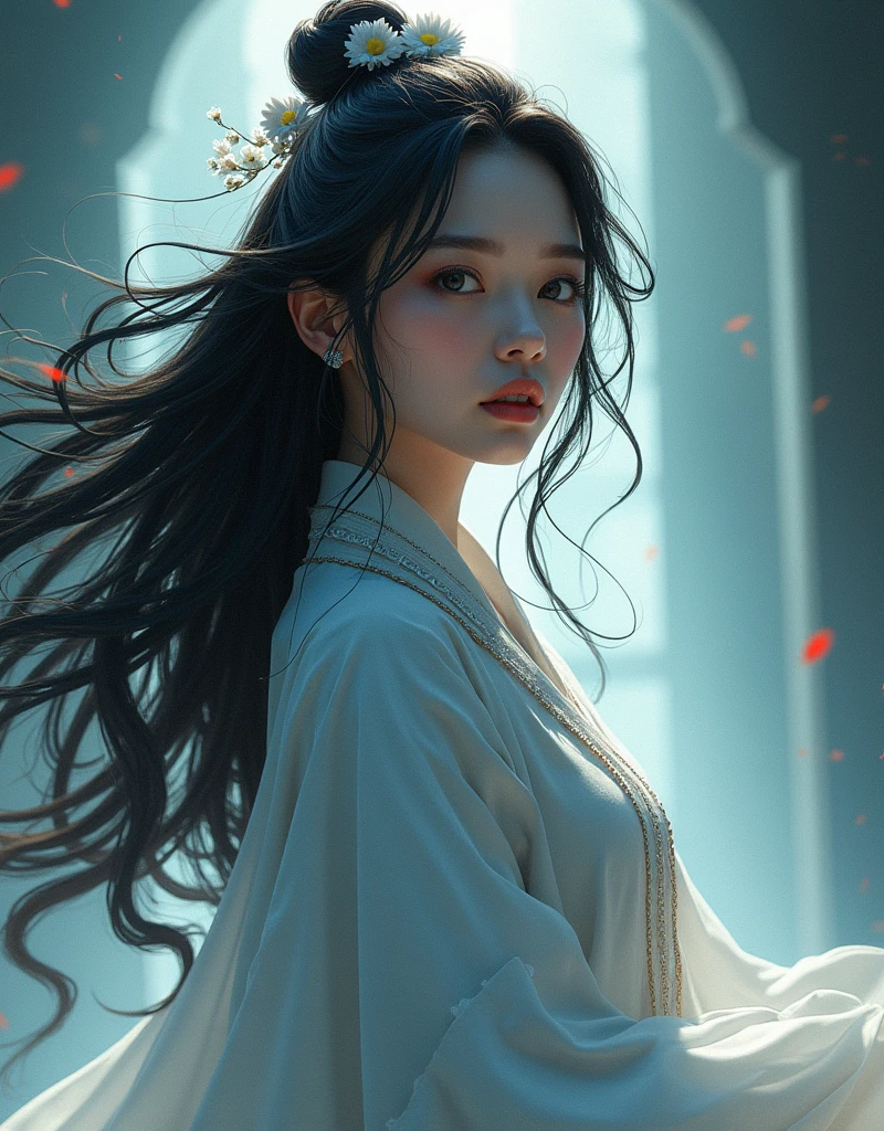 (ink, Incroyable: 1.3, Background&#39;unified 8k screen, realistic, detailed: 1.2, head of&#39;artwork, illustration), [((1 fille), superior_corps, Angle dynamique, world head of&#39;artwork theater: 1.2, best quality, restricted, guapo, ghost dance sweater, cheveux longs qui coule, shiny soft: 0.8, chrysanthème double), :( Cinema lighting: 1.3, bare_to burst: 1.2, Éléments de Dunhuang)]