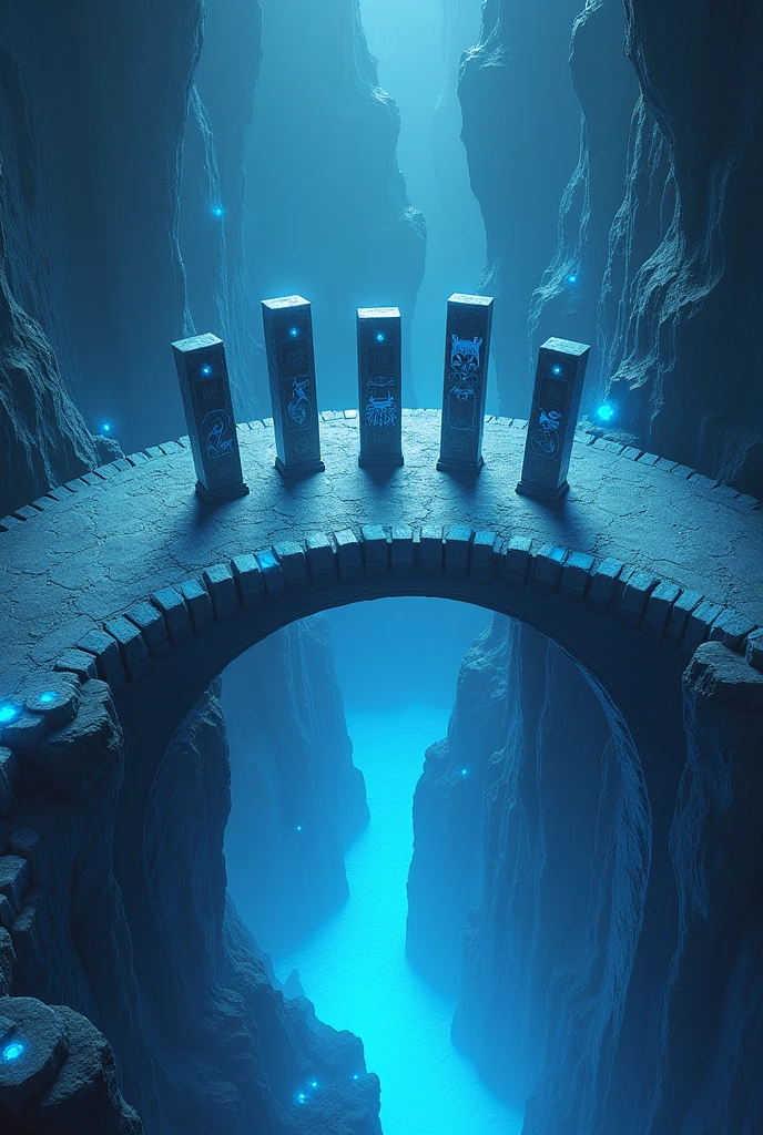 Create a medieval RPG map seen from the sky, like your fat and etc. The map is based on a large bridge in a cold and icy cave, with crystals and the like around, there is a big hole around the bridge. When the bridge is finished (connects with the other side) there is a flat area where there are 5 pillars where each pillar carries a type of animal as its main image, being respectively: serpent, Lion, raccoon, Dolphin and owl. over the bridge, it might be a little broken, some steps just floating with an unknown, colorless magic, just float as if they were alive. Remember the crystals that resonate throughout the environment. The hole is so big that its end cannot be seen and after the bridge, the full area must be large, carrying the five pillars one next to the other with just one IMAGE of the animals mentioned above, not the animals themselves, but only these carvings on each pillar. Each pillar must be different, since they are different animals. The first pillar must bear the image of a snake, o segundo deve portar a imagem de um Lion, o terceiro porta a imagem de um raccoon, the fourth bears the image of a dolphin and the fifth bears the image of an owl. About Pilates itself, imagine they are bookends, Pilates made of stone with blue details of precious crystals. The bridge should be long and curved to the left, making it as if it were an arrow and the pillars must STAY **After** The bridge. **five** SMALL BOOKENDS MADE OF STONE NEXT TO EACH OTHER