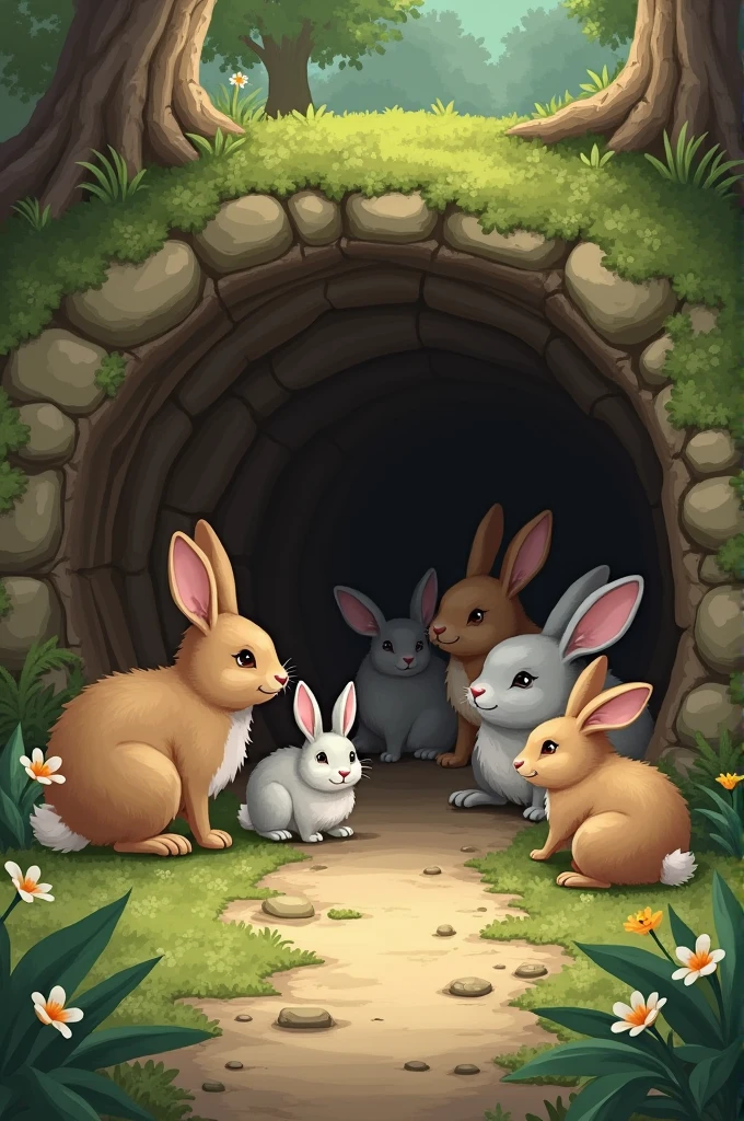 Rabbits all lived together in a hole in a corner of the forest.