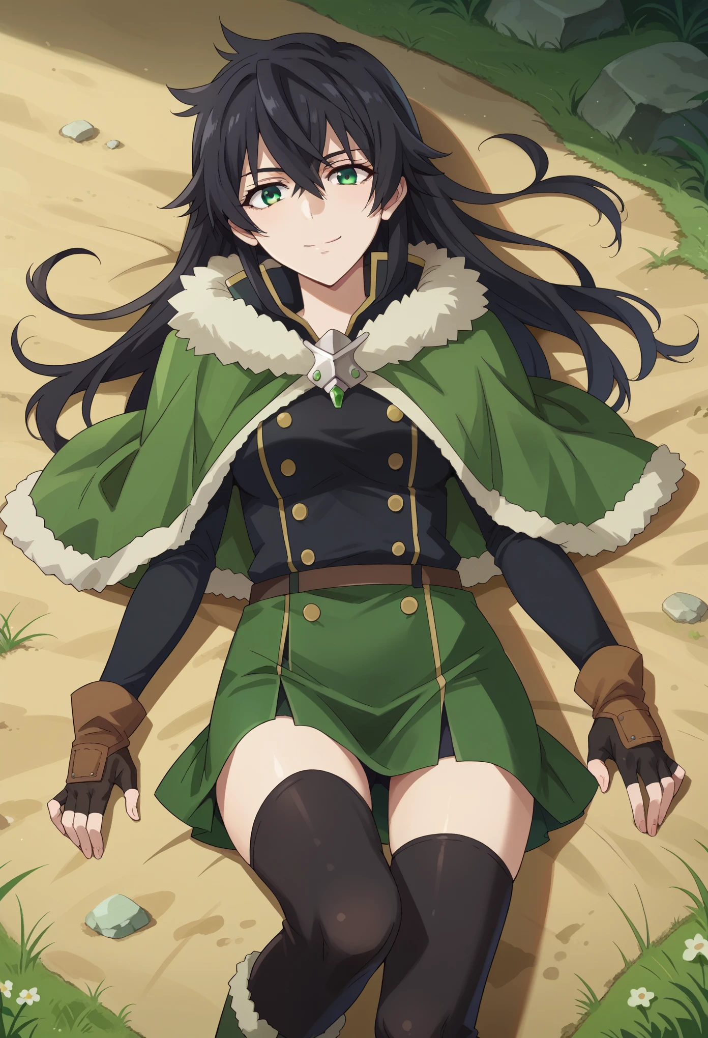 score_9, score_8_up, score_7_up, 1girl, solo, (female:1.5), female focus, iwatani naofumi, black hair, long hair, green eyes, fur trim, black shirt, green capelet, green skirt, short skirt, black thighhighs, fingerless gloves, boots, lying on back, lying on ground, slight smile, looking at you, landscape, from above,