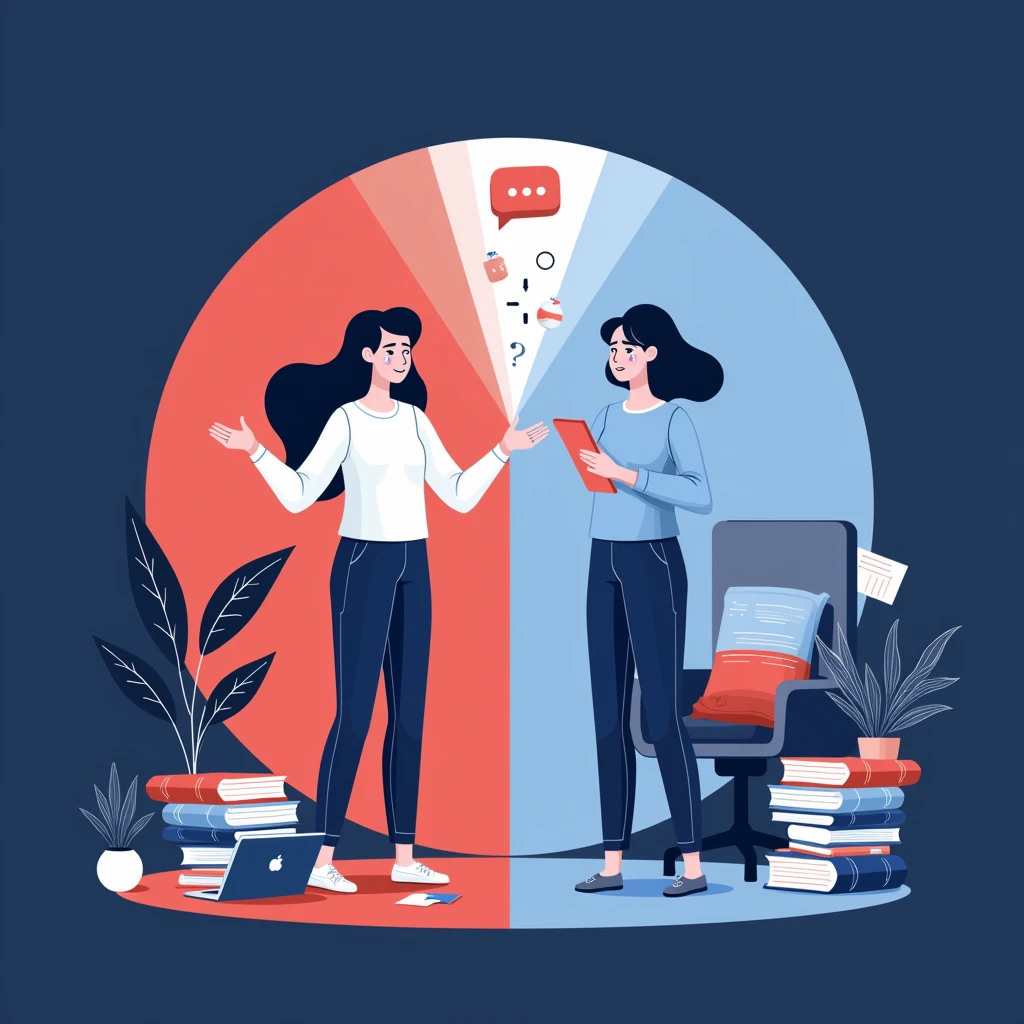 A simple graphic in shades of light blue (for the relaxed and productive figure) and shades of dark red (for the
stressed and overwhelmed figure), with the two female human figures (one young with a serious expression and the other
smiling) positioned in a circular space. The stressed figure is sitting in a chair, surrounded by papers and broken computers, with tears in her eyes.
and broken computers, with tears of frustration on her eyelids and a desperate expression on her face. The
the relaxed figure is standing, with open arms and a satisfied smile, surrounded by books, plants and creative
objects that reflect her productivity and calm.
Between them, ChatGPT is represented as a lamp or a soft light source, symbolizing artificial intelligence and the conversational istant.
intelligence and the conversational assant. The light extends between the two figures, illuminating the relaxed figure and
obscuring the stressed figure.
The composition should have a deep shade in the dark areas (dark red) to emphasize the contrast with
the light colors (light blue), creating a sense of change and transformation. Pastel tones can be used to
add depth and softness to the figures, while simple, geometric lines can be used to
create a minimalist and modern atmosphere.