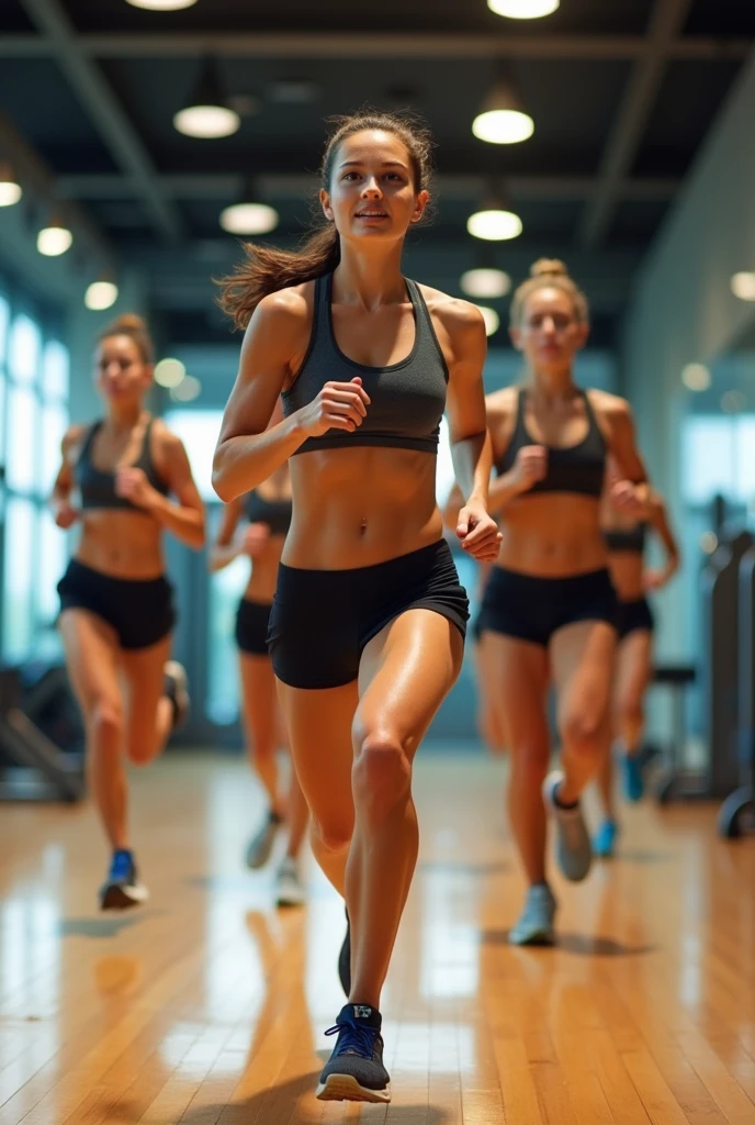 Group Gril running on the gym