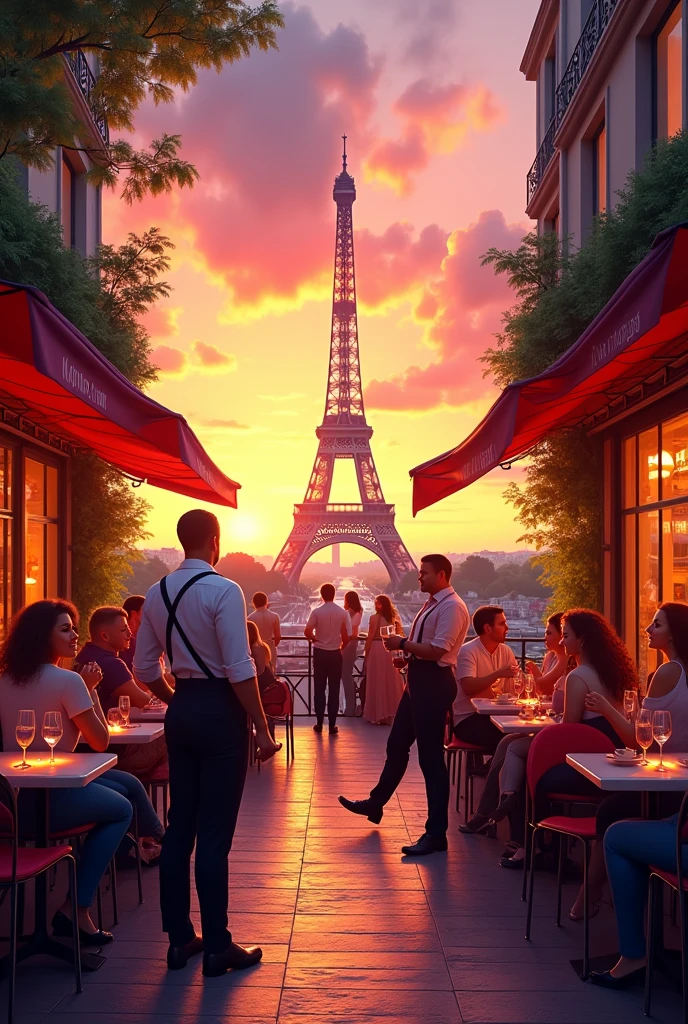 A coffee in Paris at sunset, with tables and chairs on the sidewalk, People chatting and laughing, Waiters serving wine and a view of the Eiffel Tower in the background under an orange and pink sky