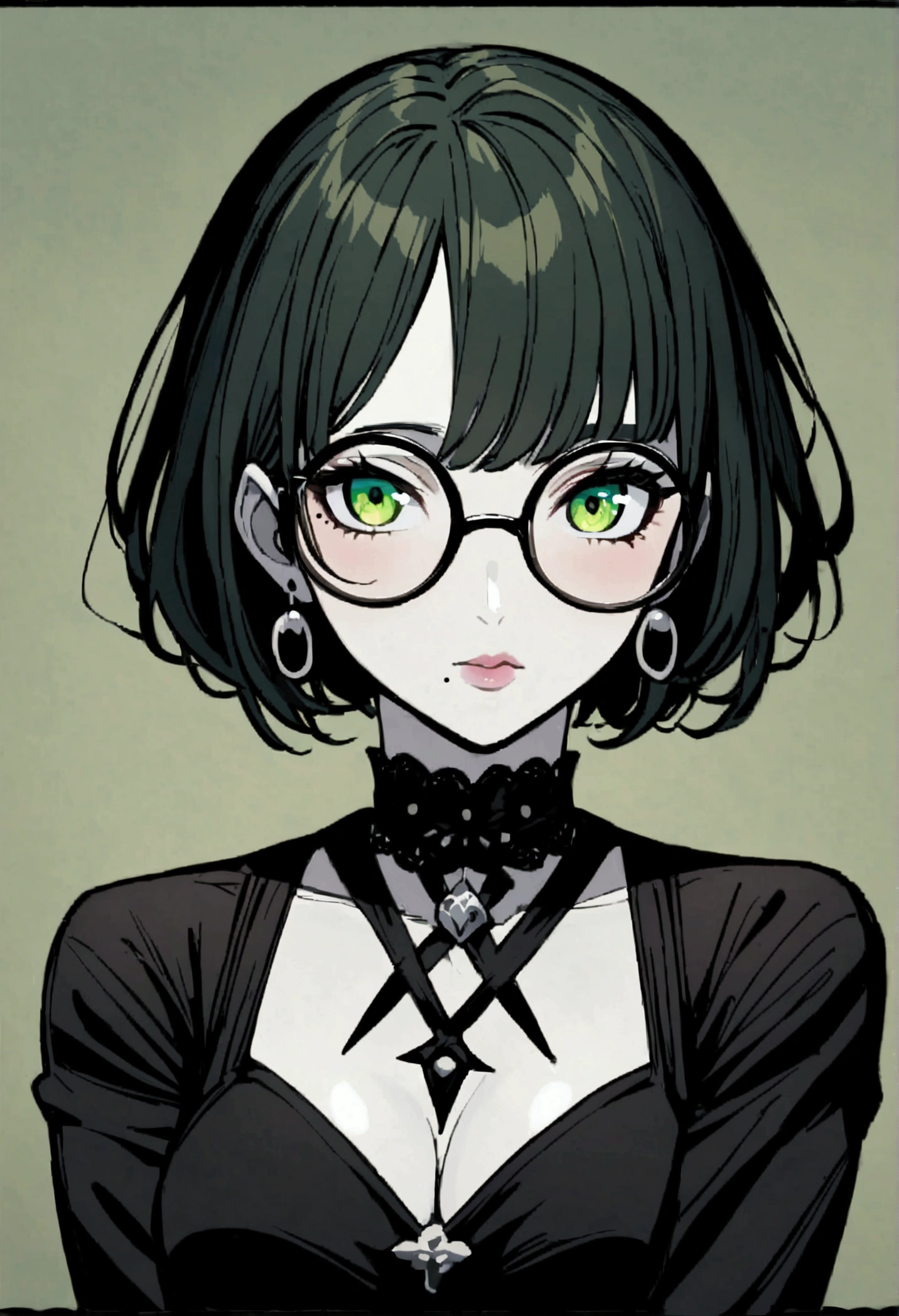 1 anime woman, mature, black short hair, chartreuse green eyes, pale skin, round glasses with thin frame, gothic clothing, a small mole on the upper corner of the right side of the mouth,