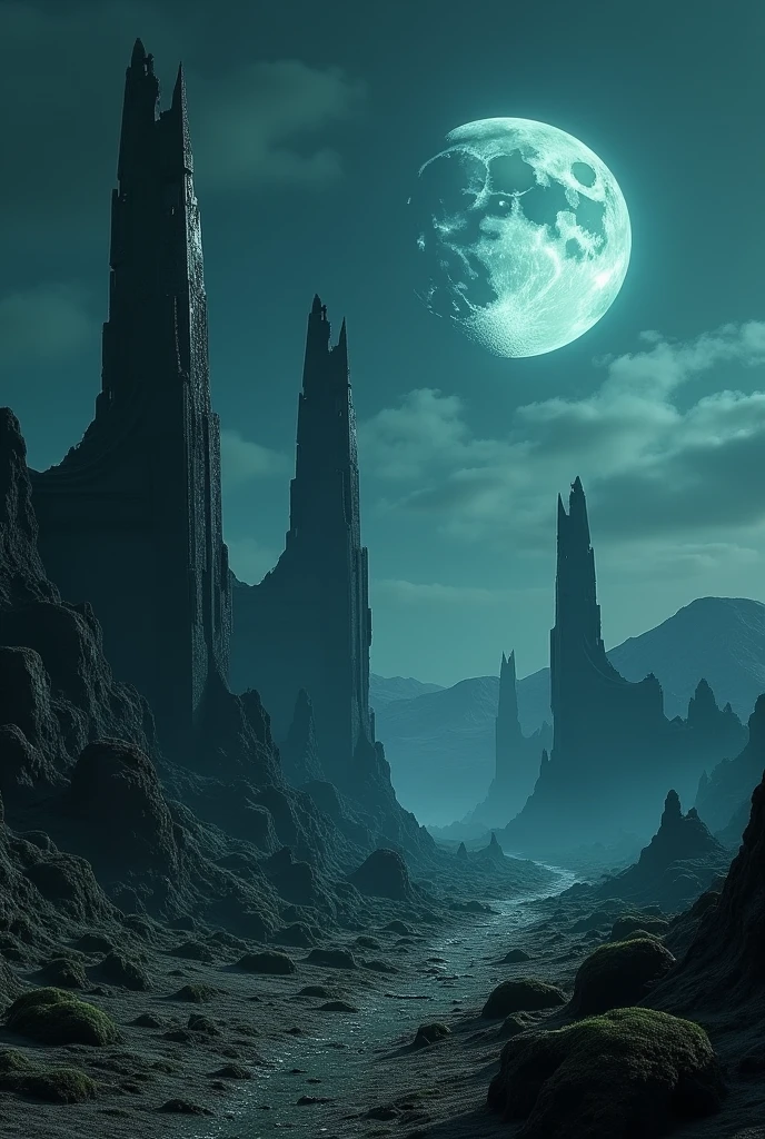 Distant Alien planet, ruins, night two moons, giger style