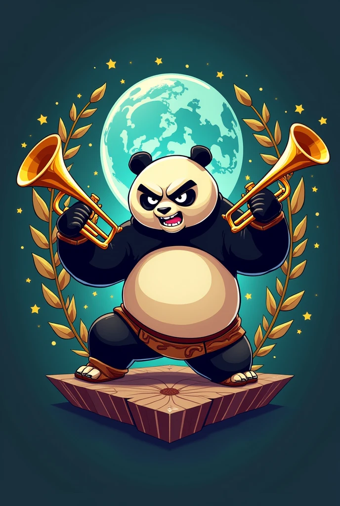 I want you to develop a logo that combines medicine and brass music. I want the sides to have trumpets and in the middle the relationship between medicine and music, adding an angry kun fu panda playing with trumpets in a futuristic 3D.