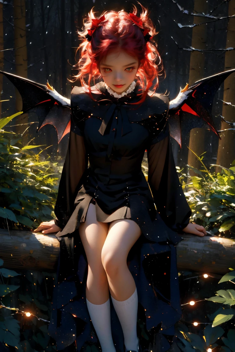 uhd, 4k, textured skin, good quality, High details, ​masterpiece, best quality, (Amazingly absurd:1.2), (​masterpiece:1.2), 1 Vampire Girl with little demon wings on the back sitting on tree looking down at viewer, sieht auf dich herunter, dress with ruffles, evil smirking, glowing red eyes, shiny hair , fullbody, two colored hair, hairbow, black knee socks, Kawaiitech, soft colours, Kawaii, Beautiful colors, studio lighting, wide angel,(wet:0.5), (Forest:1.5), (Rain:1), (Night:2), 