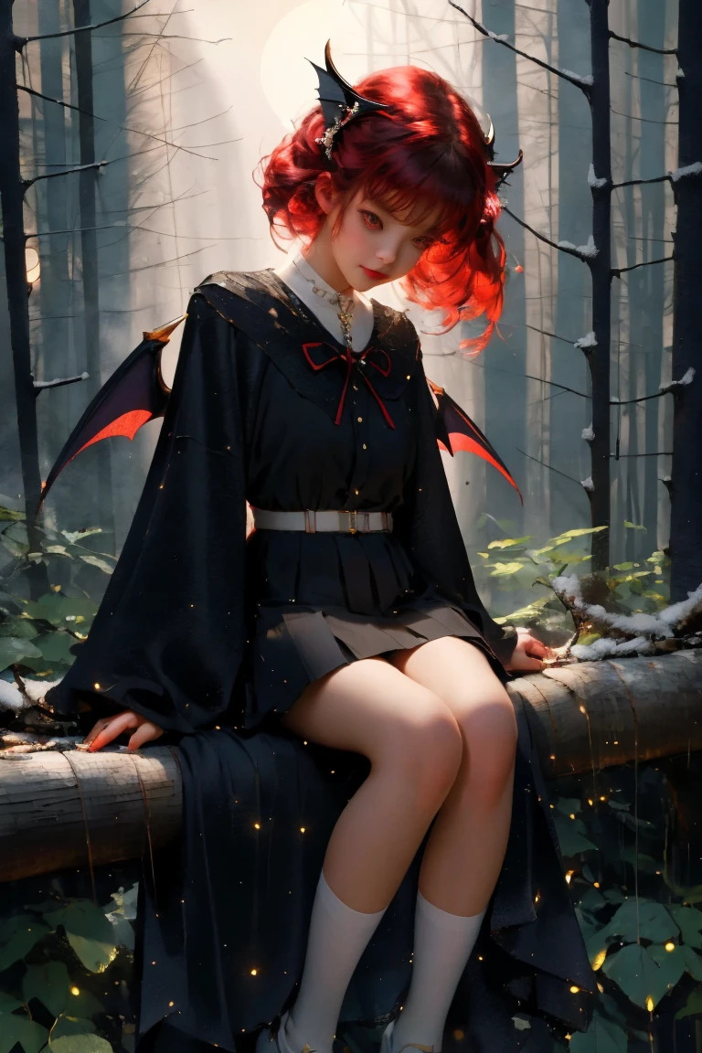 uhd, 4k, textured skin, good quality, High details, ​masterpiece, best quality, (Amazingly absurd:1.2), (​masterpiece:1.2), 1 Vampire Girl with little demon wings on the back sitting on tree looking down at viewer, sieht auf dich herunter, dress with ruffles, evil smirking, glowing red eyes, shiny hair , fullbody, two colored hair, hairbow, black knee socks, Kawaiitech, soft colours, Kawaii, Beautiful colors, studio lighting, wide angel,(wet:0.5), (Forest:1.5), (Rain:1), (Night:2), 