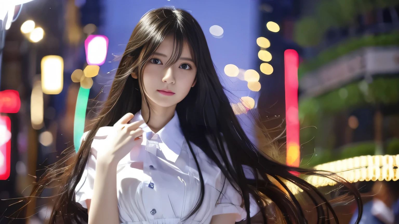 Highest quality,4K,8k,High resolution,masterpiece:1.2,Very detailed,A girl exuding fatigue,long, flowing black hair,Delicate features,Thinking eyes,White skin,Happy expression,Great atmosphere,Wearing a uniform、Gazing into the distance,,Romantic atmosphere、Roppongi Nightlife、Above-the-waist display、Ample breasts、Real Beauty、