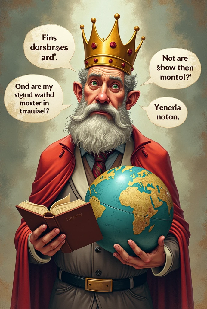 A scene with the theme of the know-it-all design with a man with an exaggerated expression of confidence wearing a crown or a wise man&#39;s hat holding the book or a globe symbolizing all the knowledge around him small speech bubbles with funny phrases like I already knew the father is the teacher I know everything trust the expert