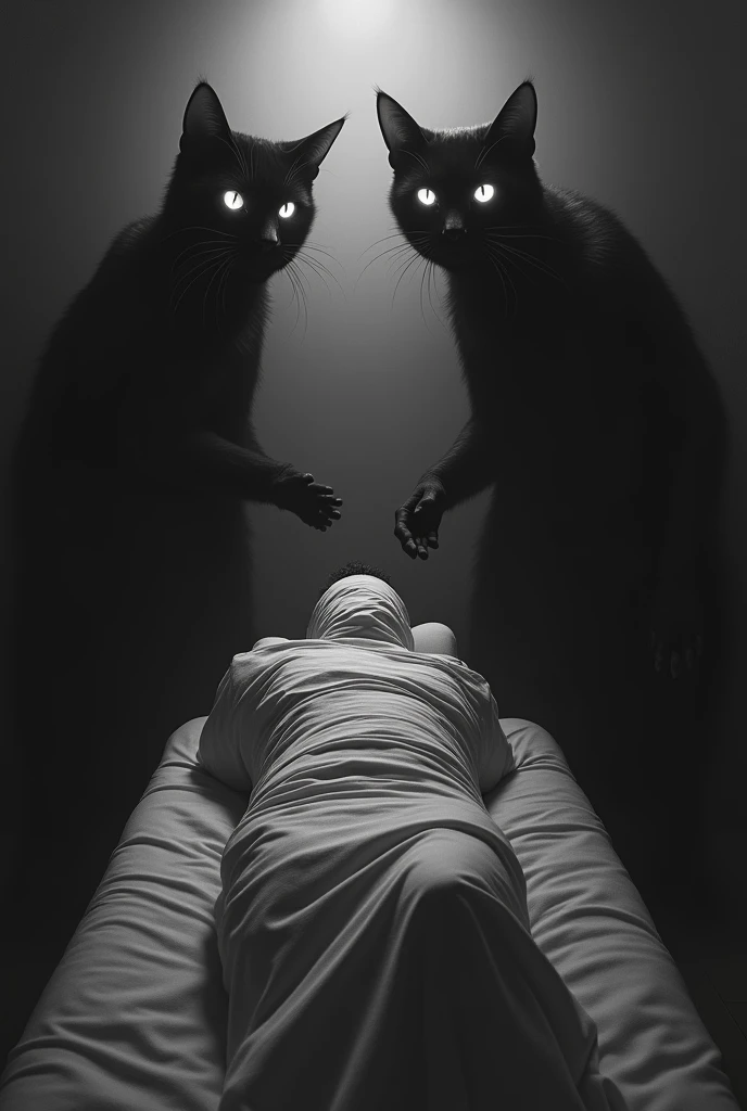 A black and white image of a man sleeping in a bed completely covered by a sheet seems to be talking and tied up   (on both sides of his ears demonic shadows) that they whispered things to him and on the ceiling 2 cat eyes The image looks scary