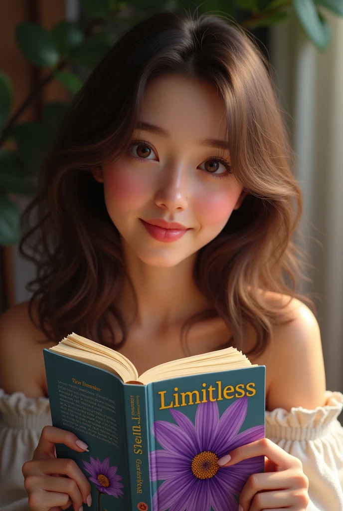 ragazza con i capelli mossi marroni con le labbra carnose che sorride mentre legge un libro con una copertina con sopra una dalia viola chiamato limitless in versione realistica