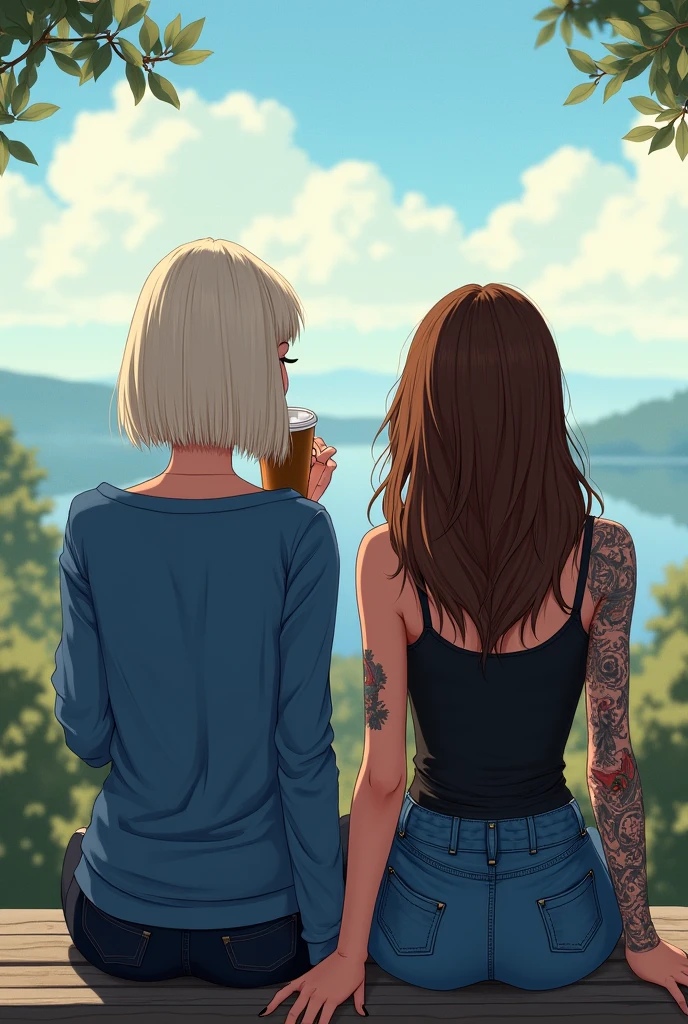 Une illustration de deux filles qui boivent un café assises sur un banc chacune d'un côté du banc y a un espace entre elles et elles regardent l'horizon le paysage en face d'elles. On ne les voit que de dos on voit pas leur visage on voit que leur dos. Elles sont éloignées l'une de l'autre. Elles sont loin l'une de l'autre. La première fille a les cheveux blonds platine avec une coupe carré très lisse qui s'arrête aux épaules et un pull bleu. La deuxième fille a les cheveux bruns très longs jusqu'en bas du dos et ondulés et un débardeur noir. Elle a le bras droit entier tatoué.