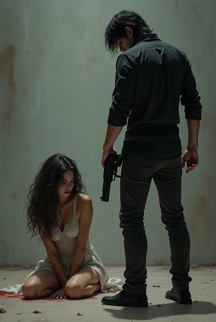 I will generate a beautiful girl with long, curly hair and blue eyes who was shot in the stomach and fell helplessly to her knees, and on the right a tall man with black hair and a shirt who is holding a gun in his hand..