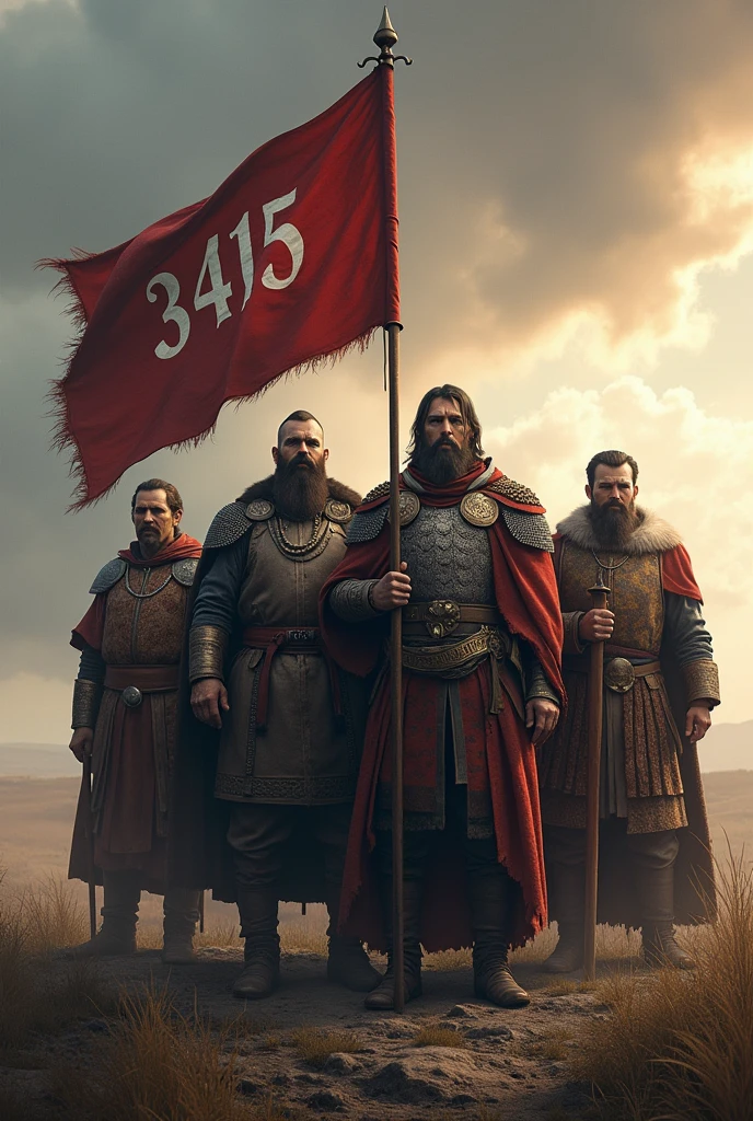 (Photorealism:1.2); genghis khan, William Wallace, Charles Martel and Zhuge Liang side by side. At the front, a strong man holding a flag with the inscription 3415.