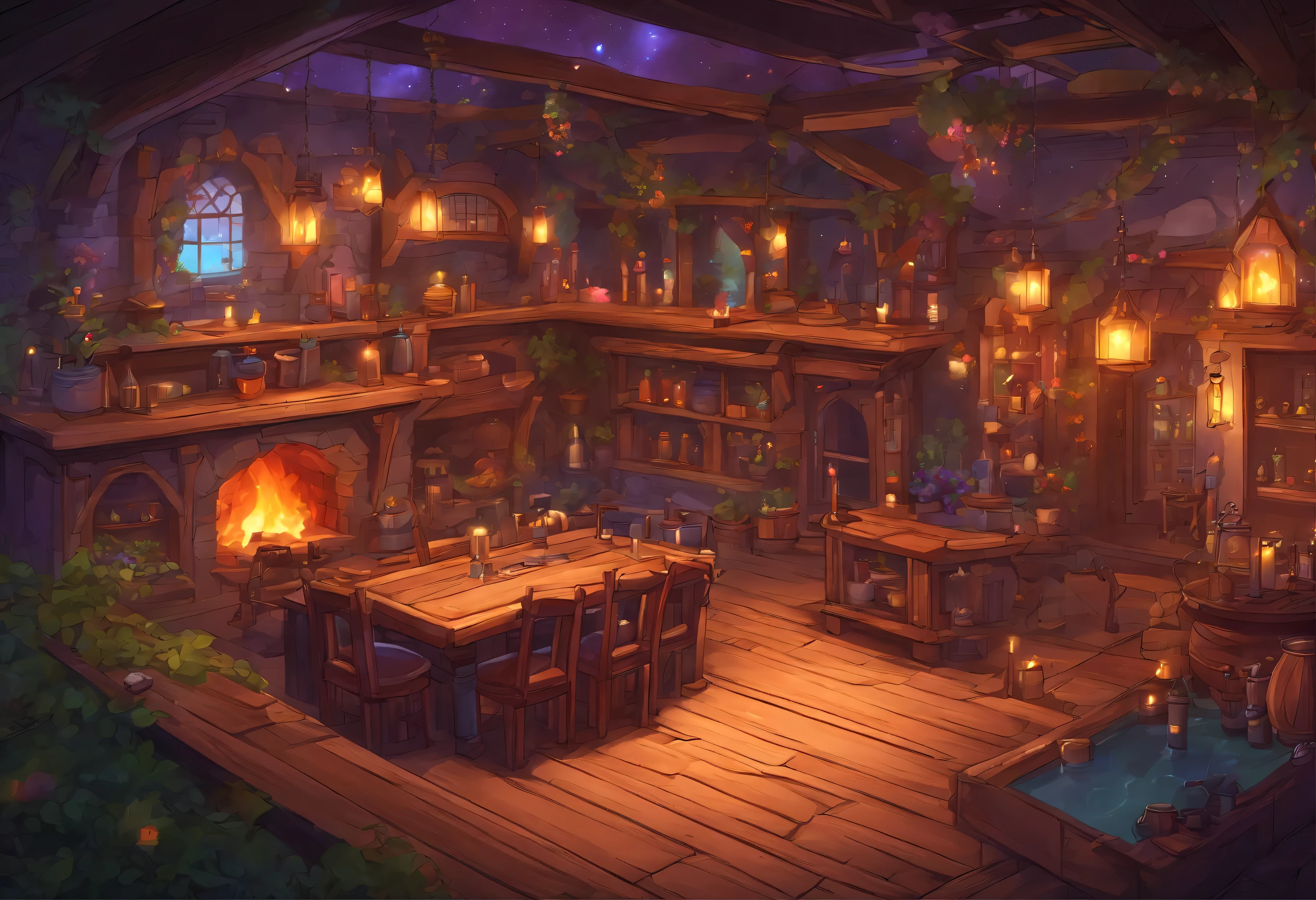 fantasy tavern interior, space tavern, rustic, artifacts on the walls, display artifacts, tavern customers, Dark Tavern, space outside the windows, Space theme, ((silvery space flora, space flora)), space background, night out, Chimney, stove, (((rainbow fire))), Magical fire