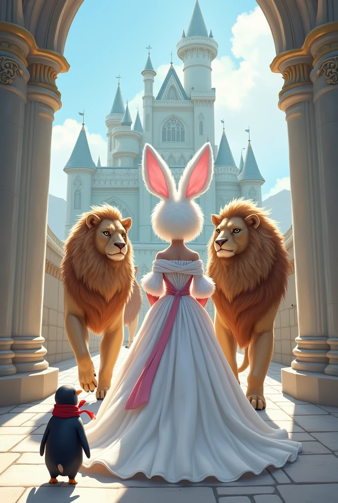 Create illustration of a white fluffy tall female animal bunny in a gown in soft shades of pink and blue from the back. She is walking to her castle. with 2 lion guards. 2 humanoid lion guards should be tall in armor and muscular. In the background a huge castle is standing tall with intricate architectural details. There should be a tall penguin wearing a red scarf following them from a distance secretly. The illustration should be from the back. Fairytale atmosphere. Vector illustration.