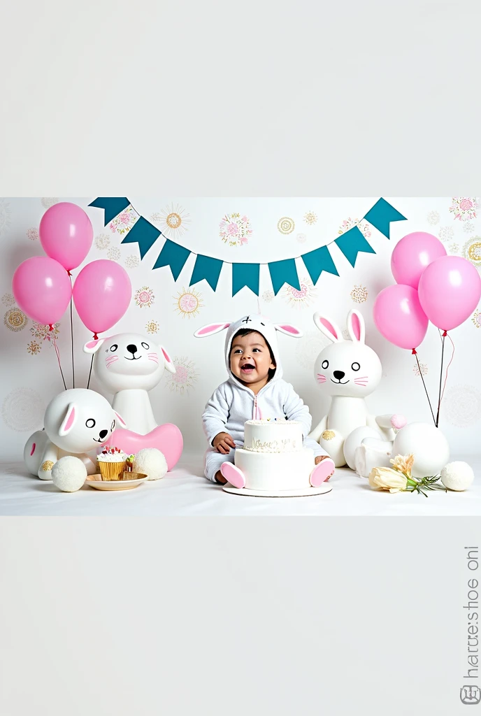 there is a baby in a bunny suit sitting in front of a cake, a picture by Juan O'Gorman, shutterstock contest winner, dada, cyan photographic backdrop, high-quality photo, 1614572159, cute boy, very very happy!, cutest, magical mood, birth, portrait photo of a backdrop, trending ,