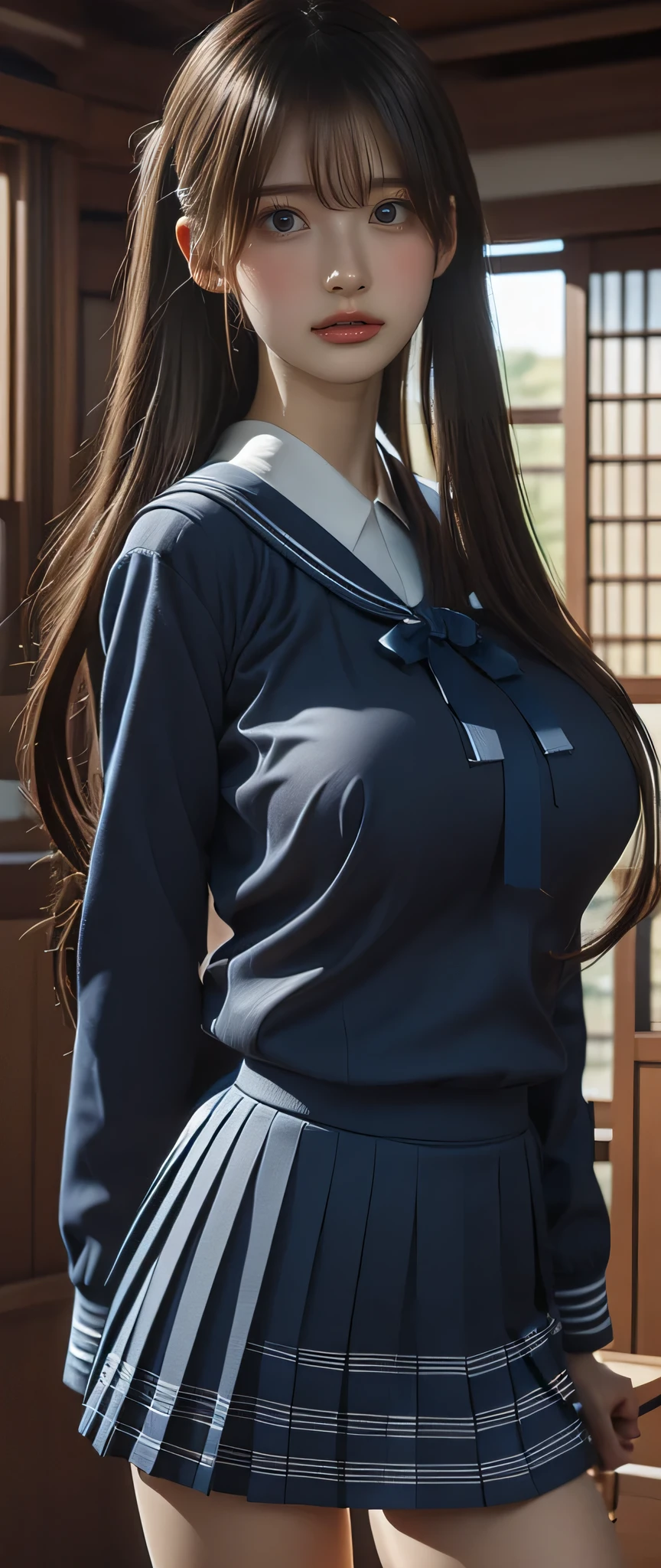 （Very delicate and beautiful：1.2）Supermodel,Glamour,Very huge  bigger than a face,Beautiful very huge breasts,Sensual,【Bike Shorts】,,【Three Girls】,,Highest quality, High resolution, 8k,mini skirt,Navy frilly sailor suit,Black hair twin tails,Data Style,boots