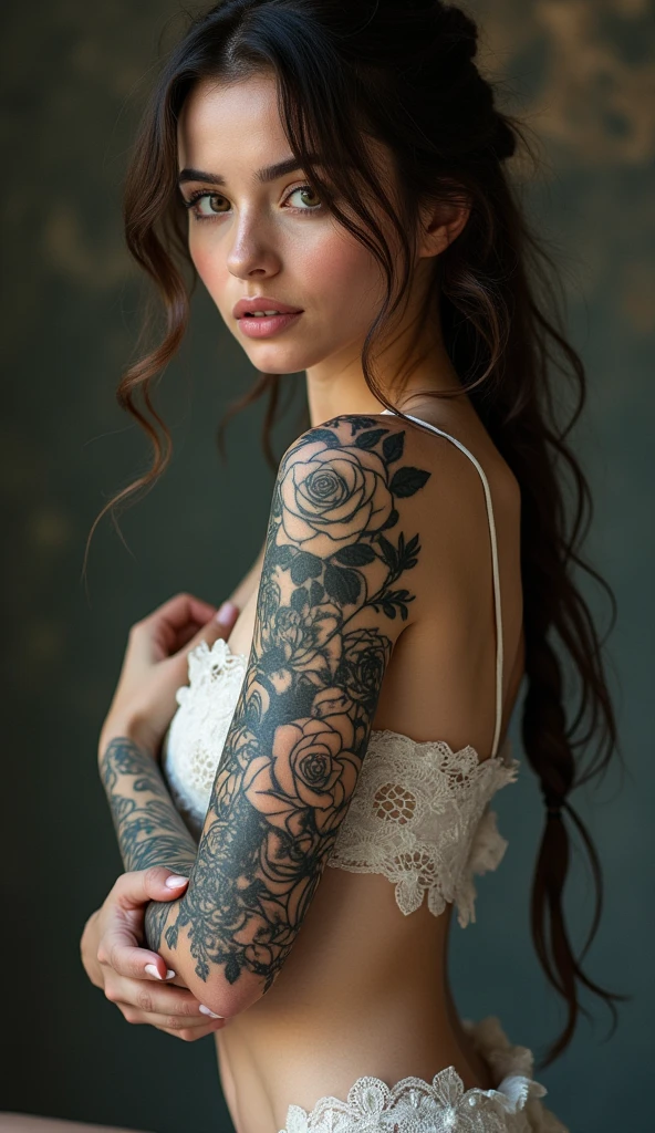 bellissima, 1girl, body is adorned with a collection of beautiful tattoos, each one telling a unique story. Her arms are a canvas of intricate designs, with delicate roses intertwined with intricate geometric patterns. The inked artwork accentuates her graceful movements and adds a touch of edginess to her overall look, focus solo,