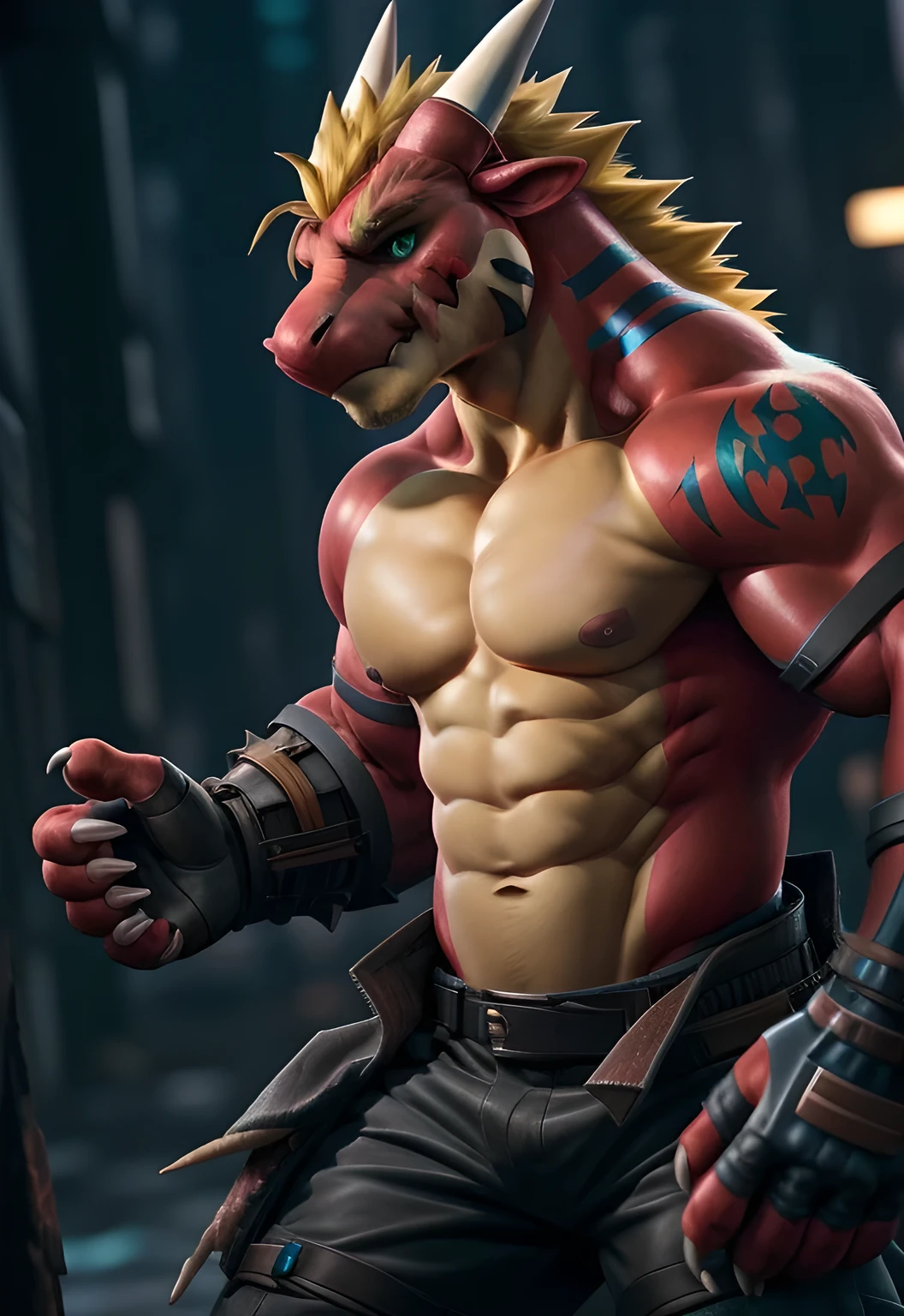 anthro, solo, delga, dragon,male nipples, male, muscular, muscular anthro, spiked pants, fingerless gloves, green eyes, muscular male, red body, looking at viewer, hi res, tatoo, blonde hair, violence, bleeding, guts, guro, gore, deep cut, sci-fi background, photorealistic, realistic hands, 8k hd, extreme detail, (dark shadows, cuberpunk neons, wide dynamic range, hdr, low light:1.2, radial bokeh:1.2, lens blur:1.3), by canyne khai,by milkytiger1145,by takemoto arashi,by null-ghost, SFW, pecs tatto, belly tattoo