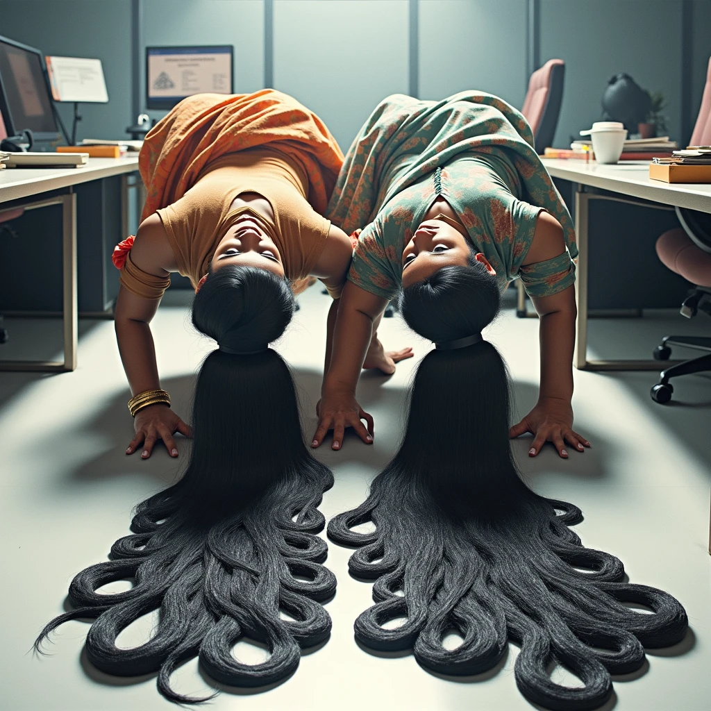 An unusual yet intriguing scene set with luxerius office items sorrounded bright lighted modern indian office.One eldery indian lady and one younger indian girl in sarees , adorned in vibrant,sarees,stand out against the dark, mystical backdrop.Younger indian girl crawling upside down with her huge huge nreast keeping upside and eldery indian lady who has got similar breasts as younger lady, crawling atop her pressing tightly girls breast by her hands untill she lactating out milk,her lactating milk squeezing upwards like milk fountain.The eldery lady who pressing younger lady' breasts trying to drink milk comes from that milk fountain with her mouth open and putting her tongue out naturally, younger lady also pressing eldery.Their unnaturally black, 3C curly hair, reminiscent of coiled springs, draws the eye with its inexplicable sheen and volume. Each strand seems to have been meticulously crafted by an unseen hand, coiled and coiled a million times over until it reaches a state of surreal perfection. The hair appears to have been showered with an unimaginable amount of oil, so much so that it resembles wet pulp, saturated and absorbing the light around them.is the focal point as their tresses shimmer and reflect like a sea of black mirrors,their movements seemingly driven by an unbridled passion. This act of intimate breast milking workshop is both mesmerizing and slightly jarring, as their thick, curly locks, like dark waterfall of springs, bounce and sway with each tender caress. The scene is suffused with an air of strange wildness, as if the very essence of the divine is being invoked through the act of grooming and adoration. Each curl is a testament to the boundless creativity of nature, while the trio's shared experience speaks to a deep-rooted bond of wilness and the mysterious powers of feminine unity. The image captures a moment that is at once sexual, spiritual, and eerily beautiful, leaving the viewer to ponder the story behind this peculiar tableau.