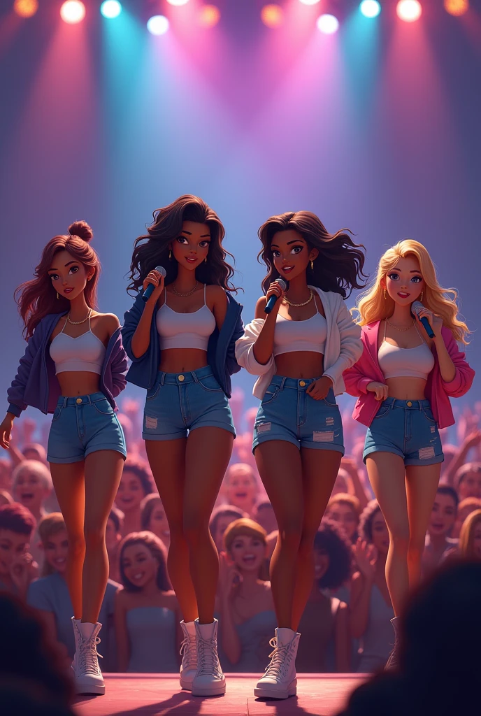 four animated females , dark skin, dressed in matching jeans shorts and cropped top with jackets , holding microphones on a stage with a big audience