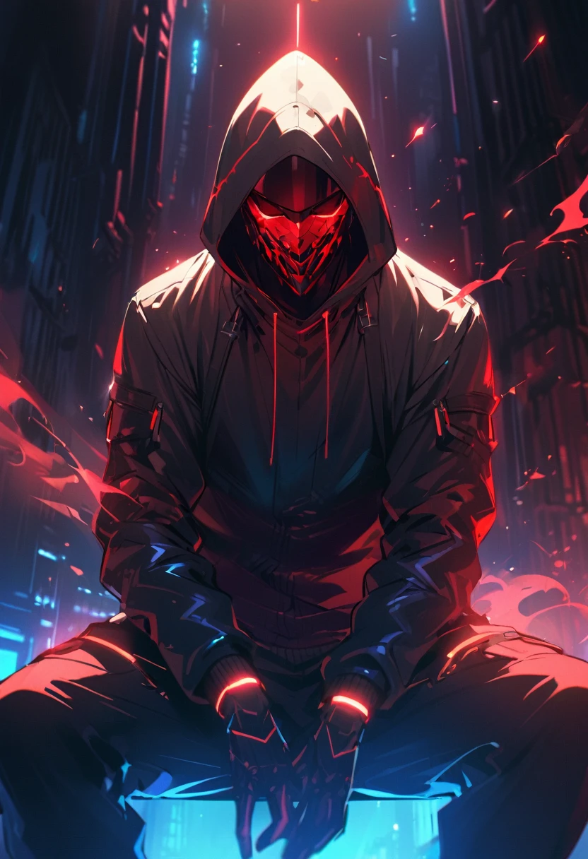 A shadowy character wearing a dark hooded jacket and a face covered by a glowing mask with a terrifying pattern of red eyes and a sinister smile in the form of glowing white stitching.. He is sitting in a relaxed manner in front of a metal fence, with a carefree but intimidating posture. The background is dark with a blue night sky, and the lighting dramatically highlights the shine of his eyes and mouth, while little red sparks float in the air, adding a tense and urban atmosphere. The style is dark and aggressive, with a cyberpunk and vigilante aesthetic, conveying a sense of latent danger.